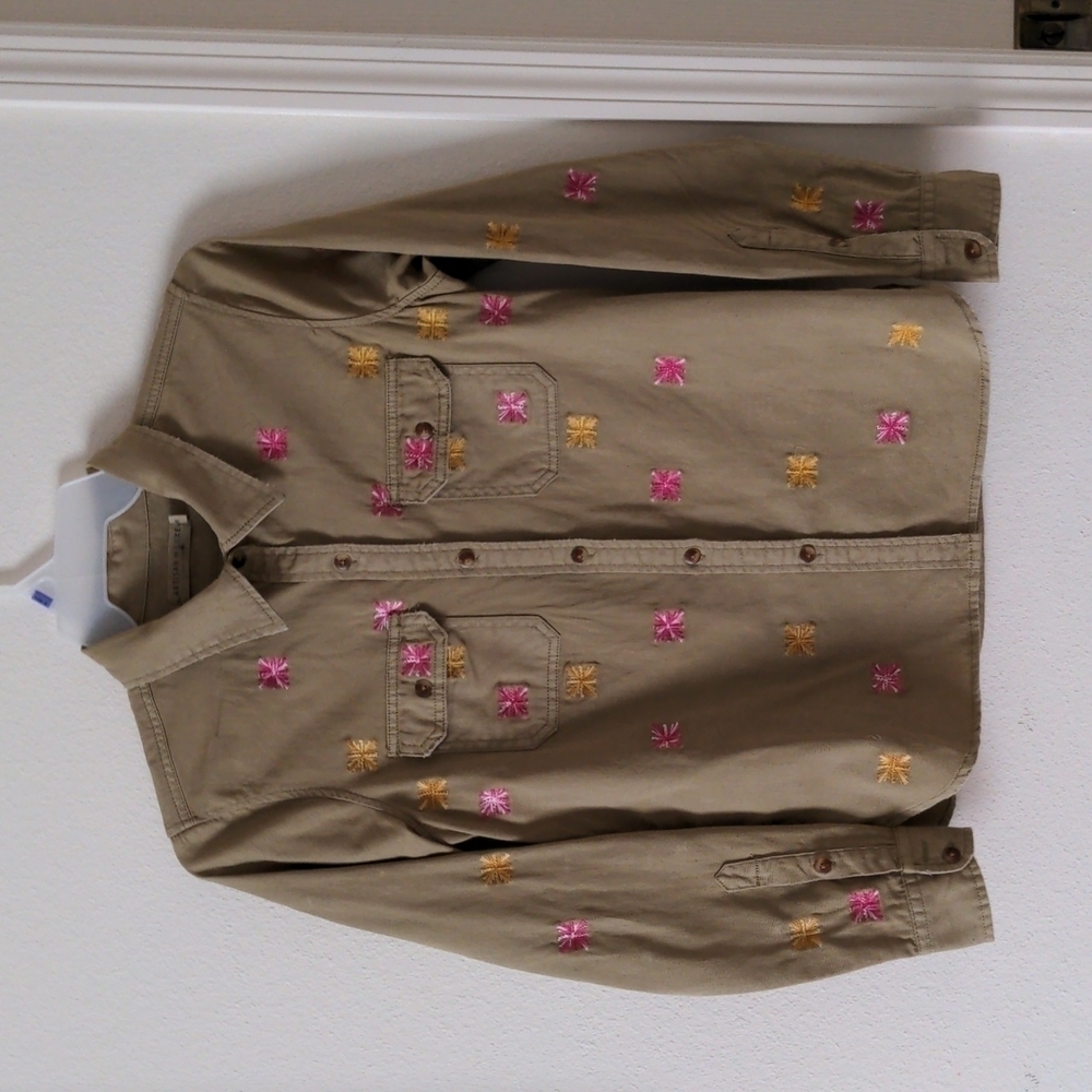 Women's Artisan de Luxe Army Green Denim Long Sleeve Blouse with Embroidery Sz M